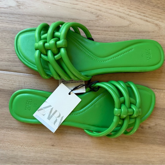 Zara Kelly Green Braided Flat Slides Sandals Euro 38 NWT Women - Picture 6 of 9